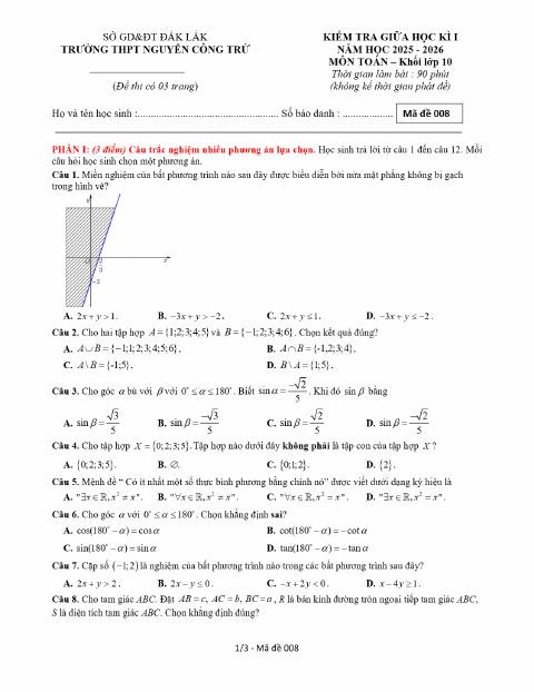 Đề thi Giữa kì 1 Toán 10 năm 2025-2026 trường THPT Nguyễn Công Trứ (Đắk Lắk)